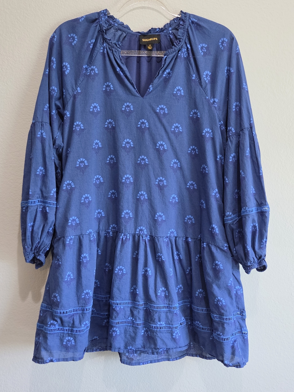 SugarLips Womens Blue Printed Peasant Tunic Dress In Royal Blue XS